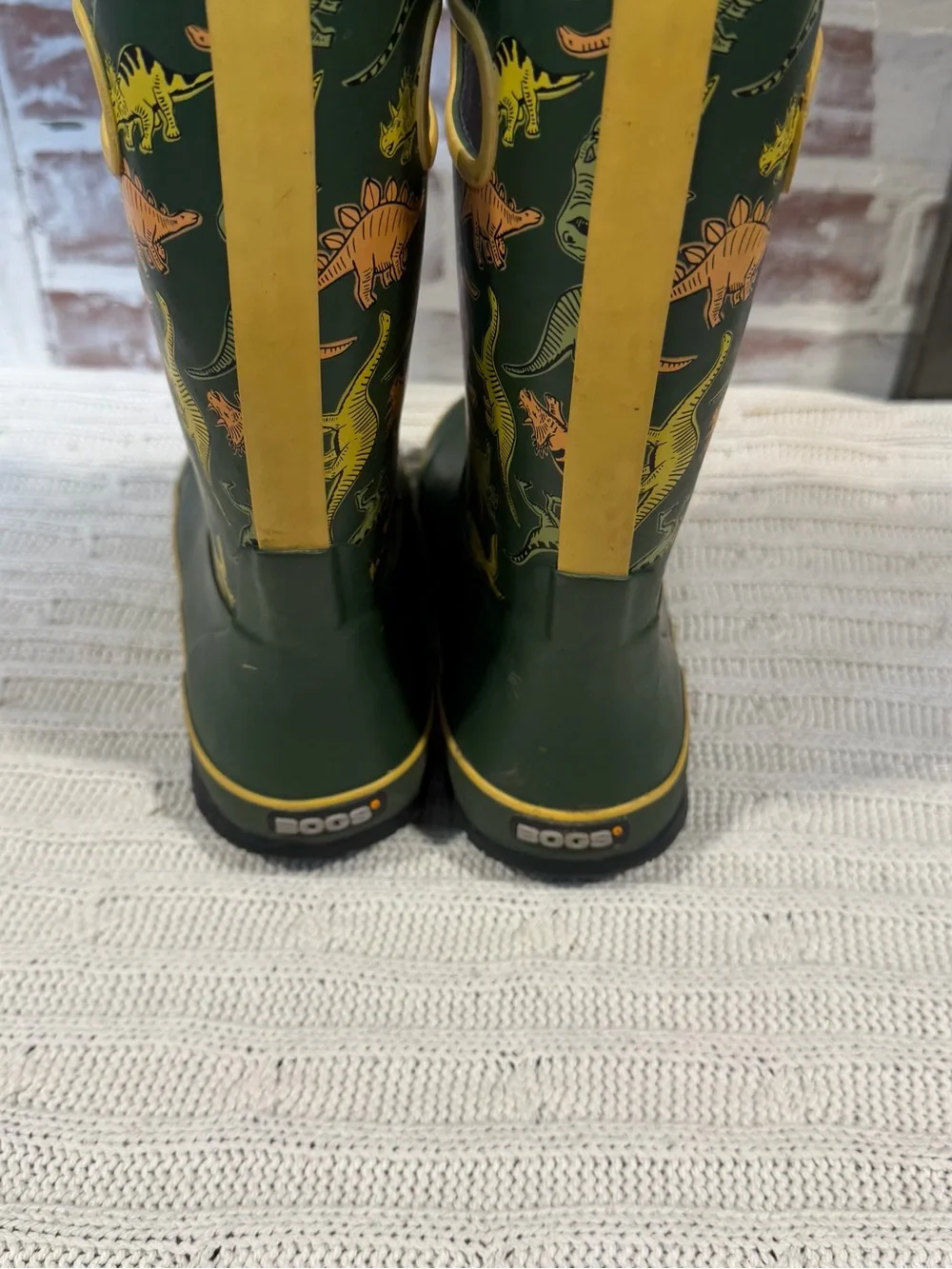 Bogs Kids Dark Green Rain Boots with Yellow and Orange Dinosaur Print